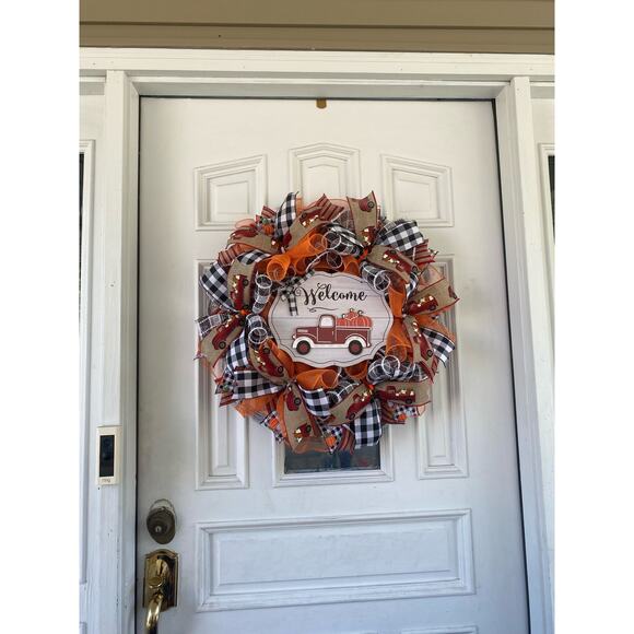 Welcome Red Truck Pumpkin Farmhouse Country Mesh Ribbon Fall Autumn Wreath - Picture 8 of 8